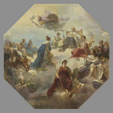 Plafond : La France, au milieu des rois législateurs et des juriconsultes français, reçoit de Louis XVIII la Charte constitutionnelle.