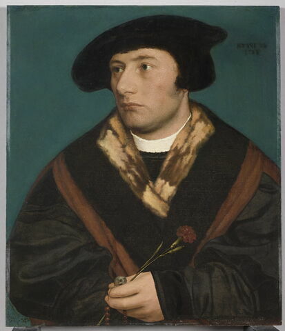 Portrait d'homme âgé de vingt-cinq ans, tenant un oeillet et un chapelet orné d'une petite tête de mort sculptée.