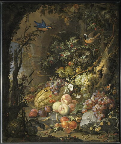 Fleurs, fruits, oiseaux et insectes dans un paysage avec ruines, avec une souris pénétrant dans un nid, image 4/4