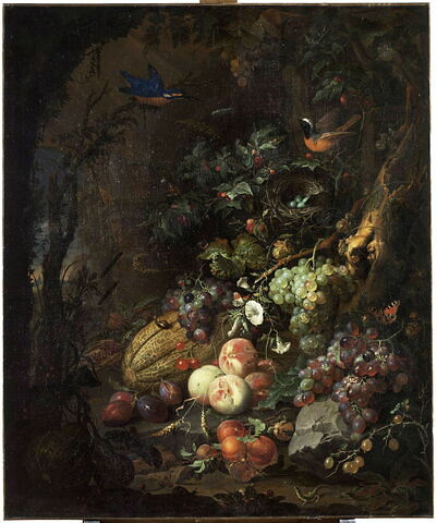 Fleurs, fruits, oiseaux et insectes dans un paysage avec ruines, avec une souris pénétrant dans un nid, image 1/4