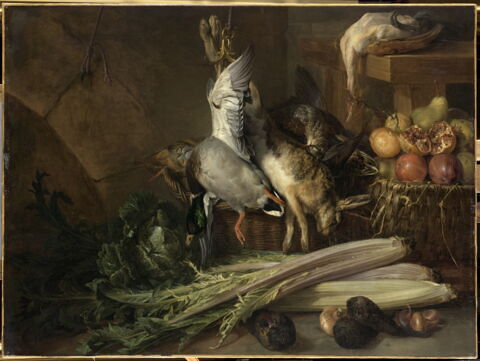 Volaille, gibier, légumes et fruits dans une cuisine.