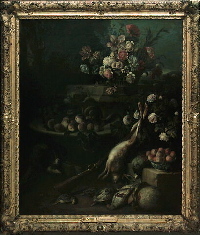 Gibier, fleurs, fruits et un chien., image 2/2