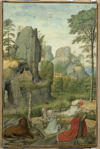 Saint Jérôme pénitent dans un paysage avec l'épisode du lion qu'il guérit