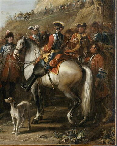 Halte de grenadiers à cheval de la Maison du Roi. Assis au centre, M. de Creil, leur commandant; au fond, la tranchée de Philippsbourg (juin 1734), image 2/4