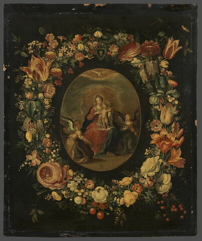 La Vierge et l'Enfant avec deux anges musiciens, entourés d'une guirlande de fleurs