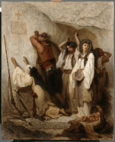 Une famille monténégrine pleurant ses morts après un combat, à l'entrée du monastère de Cettigne, image 3/3