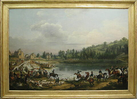 Chasse au daim pour la Saint-Hubert, en 1818, dans les bois de Meudon. Le passage de l'eau dans l'étang de Ville-d'Avray, en présence du comte d'Artois (futur Charles X) et du duc de Berry, image 2/7