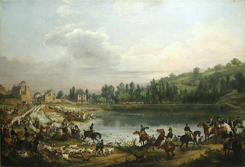 Chasse au daim pour la Saint-Hubert, en 1818, dans les bois de Meudon. Le passage de l'eau dans l'étang de Ville-d'Avray, en présence du comte d'Artois (futur Charles X) et du duc de Berry, image 6/7
