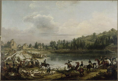 Chasse au daim pour la Saint-Hubert, en 1818, dans les bois de Meudon. Le passage de l'eau dans l'étang de Ville-d'Avray, en présence du comte d'Artois (futur Charles X) et du duc de Berry, image 3/7