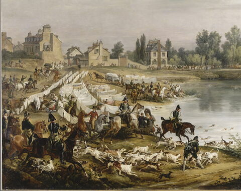 Chasse au daim pour la Saint-Hubert, en 1818, dans les bois de Meudon. Le passage de l'eau dans l'étang de Ville-d'Avray, en présence du comte d'Artois (futur Charles X) et du duc de Berry, image 4/7
