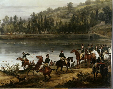 Chasse au daim pour la Saint-Hubert, en 1818, dans les bois de Meudon. Le passage de l'eau dans l'étang de Ville-d'Avray, en présence du comte d'Artois (futur Charles X) et du duc de Berry, image 5/7