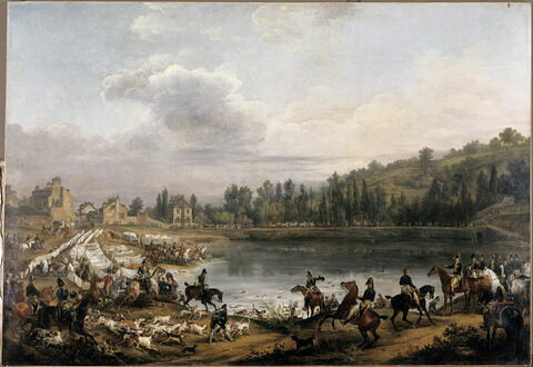 Chasse au daim pour la Saint-Hubert, en 1818, dans les bois de Meudon. Le passage de l'eau dans l'étang de Ville-d'Avray, en présence du comte d'Artois (futur Charles X) et du duc de Berry, image 7/7