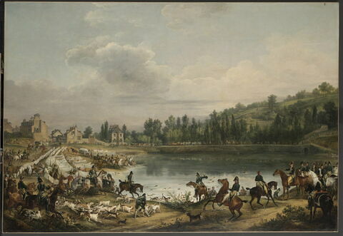 Chasse au daim pour la Saint-Hubert, en 1818, dans les bois de Meudon. Le passage de l'eau dans l'étang de Ville-d'Avray, en présence du comte d'Artois (futur Charles X) et du duc de Berry
