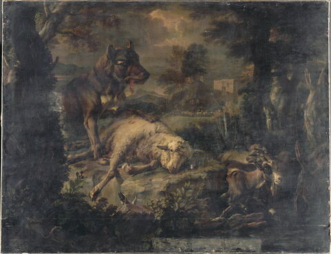 Un loup dévorant un mouton dans un paysage, avec troupeau et berger