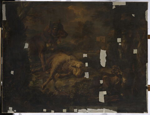Un loup dévorant un mouton dans un paysage, avec troupeau et berger, image 1/3