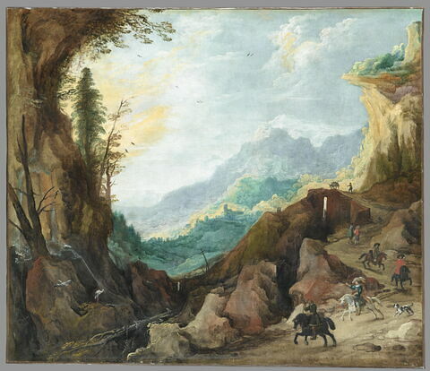 Paysage montagneux avec des cigognes, un pont et quatre cavaliers