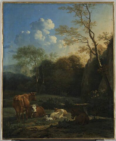 Le Bocage. Vaches, âne, et moutons près d'un ruisseau