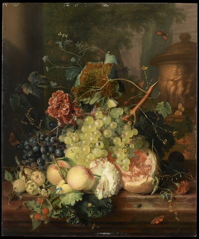 Fruits et fleurs près d'un vase orné d'amours