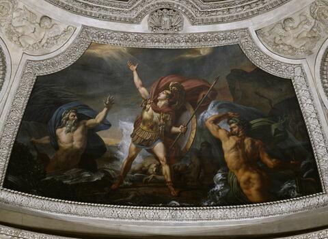 Plafond : L'Eau. Achille près d'être englouti par le Xanthe et le Simoïs,irrités du carnage qu'il a fait des Troyens.