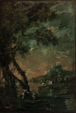 Paysage avec grands arbres au bord d'un lac, image 2/2