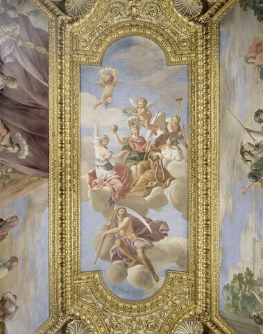 Plafond : Salle de Septime Sévère - au centre de la voûte: la Poésie et l'Histoire célébrant les exploits de Rome, image 1/3