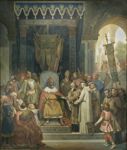 Plafond : Charlemagne, entouré de ses principaux officiers, reçoit Alcuin qui lui présente des manuscrits, ouvrage de ses moines
