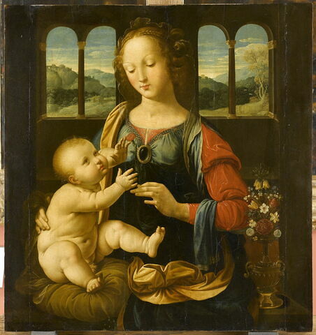 La Vierge et l'Enfant à l'oeillet (d'après Léonard de Vinci) avec, au fond, le motif de la citadelle de Dieu.