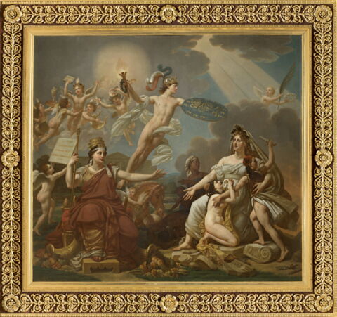 Plafond : Le Génie de la France anime les Arts, protège l'Humanité. Voussures : enfants tenant l'écu royal, ou portant des guirlandes et des couronnes de laurier., image 2/2