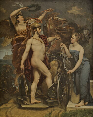 Plafond : La véritable Gloire s'appuie sur la Vertu (au centre). Mars, couronné par la Victoire, écoutant la Modération, arrête ses coursiers et baisse ses javelots (à gauche). Le Temps élève la Vérité vers les marches du trône, la Sagesse l'y reçoit, un génie naissant l'écoute, les armes royales sont à ses pieds (côté droit), image 1/6