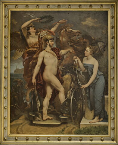 Plafond : La véritable Gloire s'appuie sur la Vertu (au centre). Mars, couronné par la Victoire, écoutant la Modération, arrête ses coursiers et baisse ses javelots (à gauche). Le Temps élève la Vérité vers les marches du trône, la Sagesse l'y reçoit, un génie naissant l'écoute, les armes royales sont à ses pieds (côté droit), image 2/6