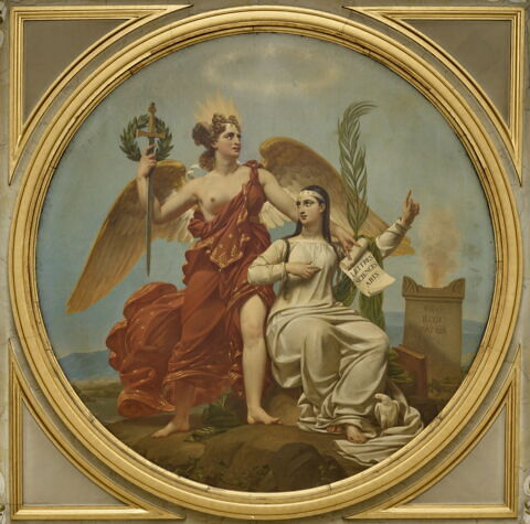 Plafond : La véritable Gloire s'appuie sur la Vertu (au centre). Mars, couronné par la Victoire, écoutant la Modération, arrête ses coursiers et baisse ses javelots (à gauche). Le Temps élève la Vérité vers les marches du trône, la Sagesse l'y reçoit, un génie naissant l'écoute, les armes royales sont à ses pieds (côté droit)