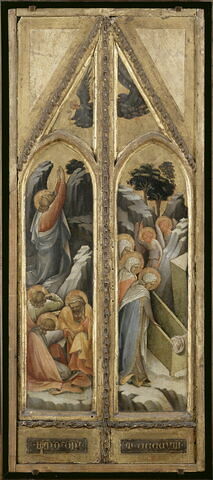 Le Christ au jardin des Oliviers ; les Saintes Femmes au tombeau ; à la partie supérieure, un ange