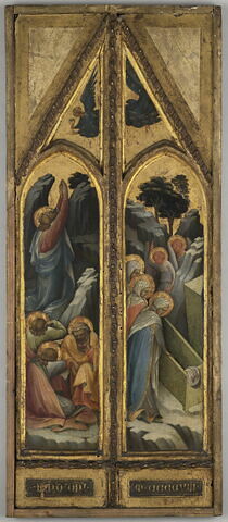 Le Christ au jardin des Oliviers ; les Saintes Femmes au tombeau ; à la partie supérieure, un ange