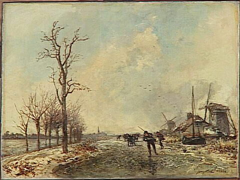 Patineurs hollandais avec deux moulins à droite