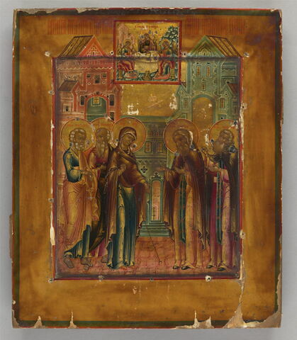 L'Apparition de la Vierge accompagnée des saints apôtres Pierre et Jean, à saint Serge de Radonège (1322-1392) et à son disciple Nikon