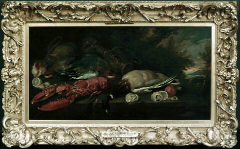 Trophées de chasse et de pêche sur fond de paysage
ou Nature morte au homard, image 2/2