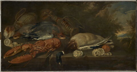 Trophées de chasse et de pêche sur fond de paysage
ou Nature morte au homard, image 1/3