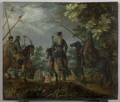 Marche de cavaliers polonais (ou hongrois?) dans un bois