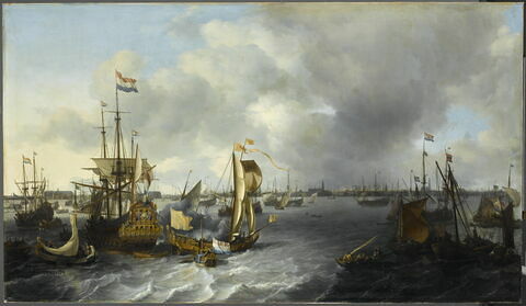 Vue d'Amsterdam avec bateaux sur la baie de l'Ij