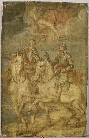 Maurice (1567-1625) et son demi-frère Frédéric-Henri de Nassau (1584-1647) à la bataille de Nieuwpoort en 1600. Un génie ailé les couronne du signe de la victoire
