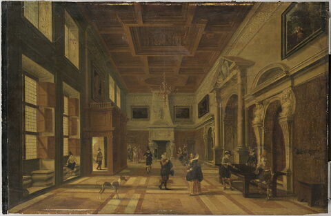 Vue intérieure d'une grande salle de palais avec joueurs de billard, 1620