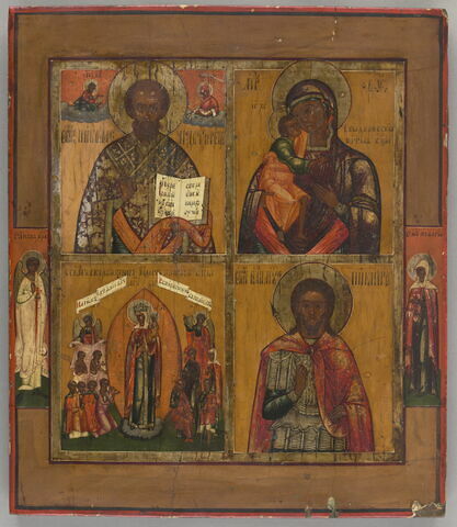 Icône quadripartite : au registre supérieur, à gauche, Saint Nicolas, avec dans la partie supérieure les fi	du Christ et de la Vierge, à droite,
la Vierge de Théodore, dite de Kostroma (ou Feodorovskaïa) ; au registre inférieur, à gauche, Notre-Dame de tous les affl	, à droite, Saint Nicétas ; sur les bords, à mi-hauteur, l’Ange gardien (à gauche) et Sainte Pélagie (à droite).