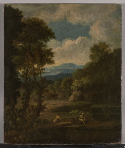Paysage boisé avec personnages assis près d'une cascade