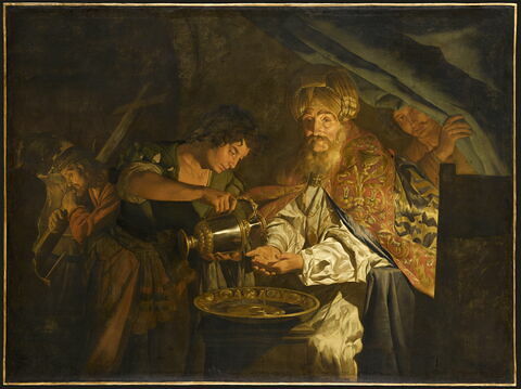 Pilate se lavant les mains; à l’arrière-plan, le Christ portant sa croix