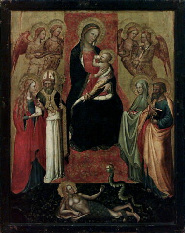 La Vierge et l'Enfant entourés de quatre anges et quatre saints (à gauche, sainte Marie-Madeleine et saint Nicolas de Bari, à droite sainte Élisabeth de Hongrie et saint Pierre) ; au premier plan, Ève couchée avec le serpent., image 3/4