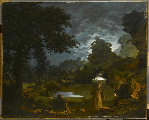 Moines avec une lanterne dans un paysage éclairé par la lune, 1795