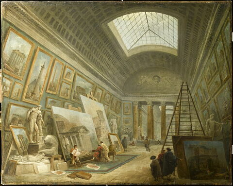 Une galerie de musée consacrée à l'art de la Rome antique (vue imaginaire de la Grande Galerie du Louvre ?), image 1/2