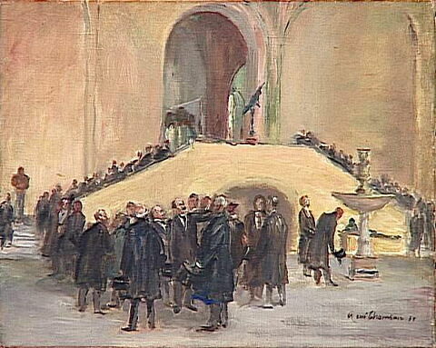 Vue de la salle Michel-Ange au Louvre, lors de l'inauguration des nouvelles salles de sculptures par le président Lebrun en 1933