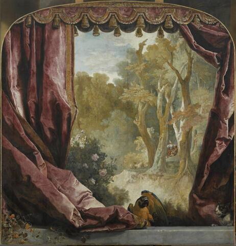 Composition décorative, avec rideaux, paysage et animaux