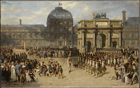 Un jour de revue sous l'Empire (1810). Au fond, l'arc de triomphe du Carrousel et lesTuileries.